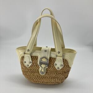 Michael Kors, brown basket weave, patten leather trim